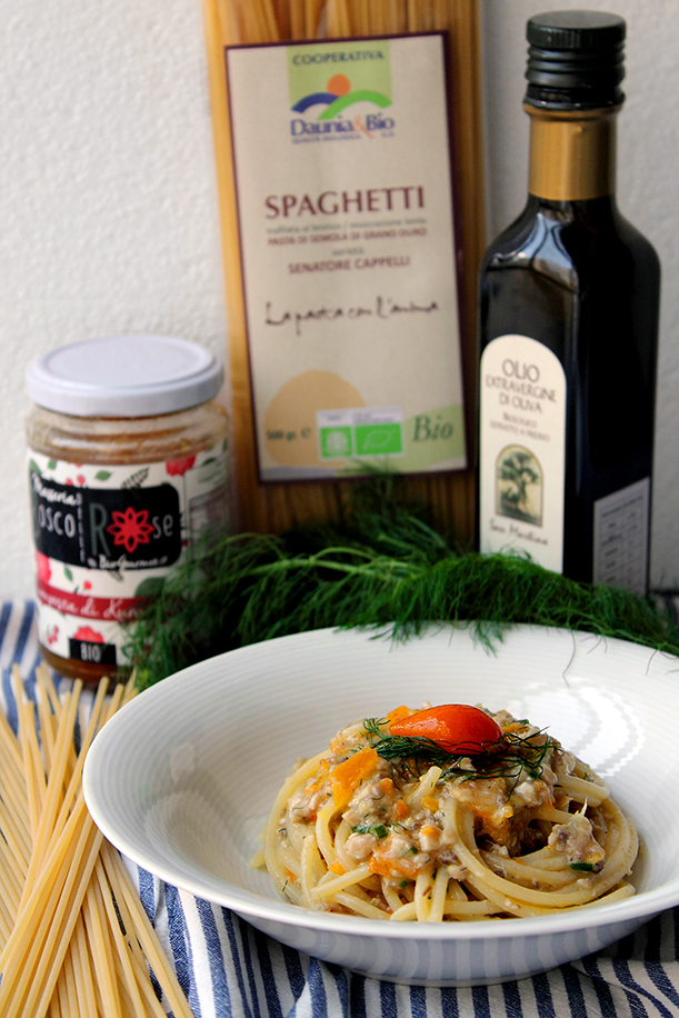 Spaghetti al ragù di pesce con kumquat e aneto