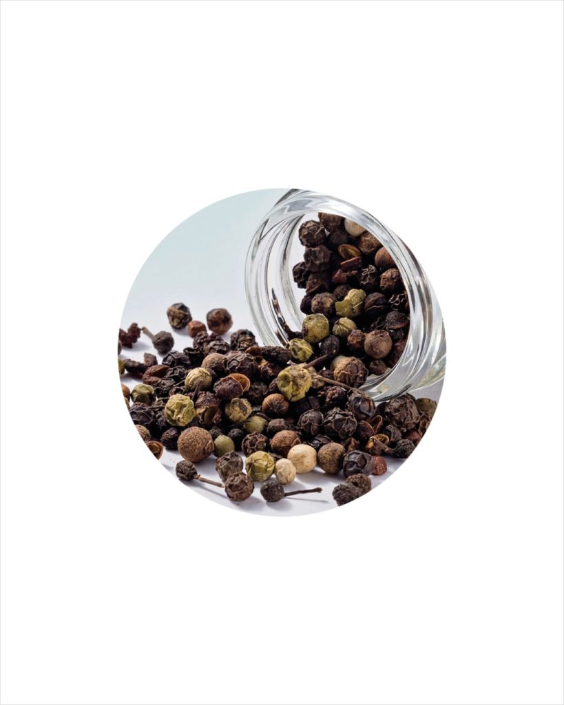 Immagine tratta dal ricettario creato da Paola Uberti, digital creative del food, per Tutte le spezie del Mondo. L'immagine rappresenta un mix di grani di pepe.
