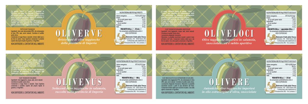 Le etichette che Paola Uberti, graphic designer food and beverage, ha creato per il ristorante Gallo della Checca che vende prodotti a base di olive taggiasche